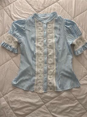 SHEIN Blue and White Striped Lace-Trim Button Down Top
